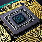 ** A futuristic AI chip design. The chip glows with energy efficiency, showcasing neuromorphic computing elements and ReRAM (Resistive RAM) modules. Visualize a clean, minimalist design with Arabic script subtly integrated into the circuitry. Focus on the themes of low-power consumption and advanced technology.

**