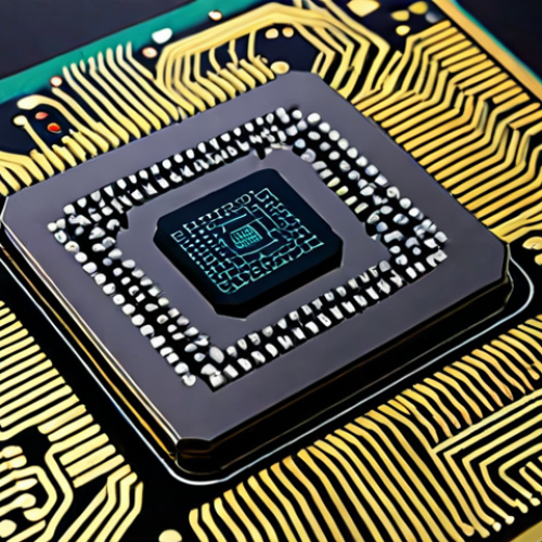 ** A futuristic AI chip design. The chip glows with energy efficiency, showcasing neuromorphic computing elements and ReRAM (Resistive RAM) modules. Visualize a clean, minimalist design with Arabic script subtly integrated into the circuitry. Focus on the themes of low-power consumption and advanced technology.

**