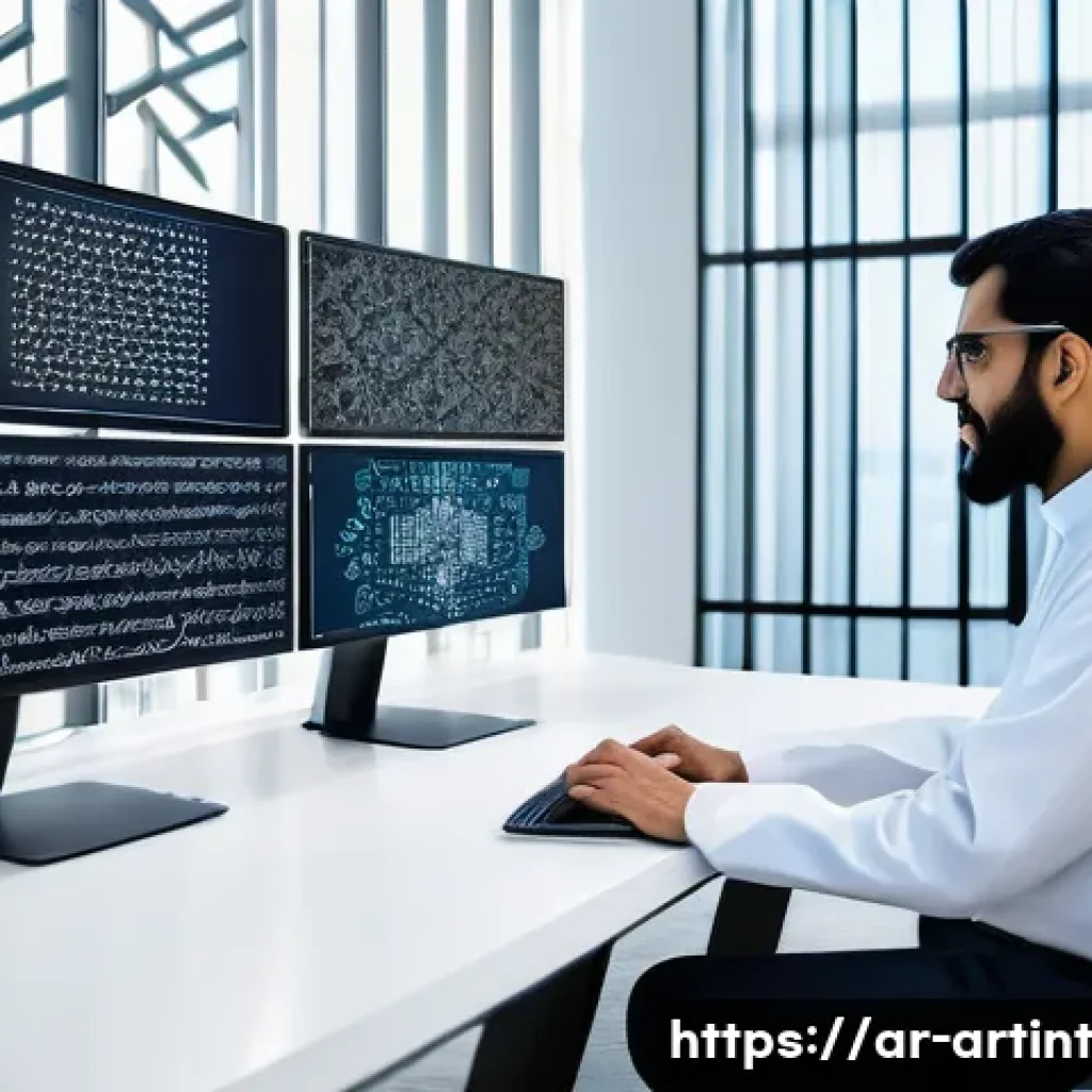 AI 최적화에서의 데이터 합성 기법 활용 - A modern AI research laboratory in a Middle Eastern city, featuring diverse scientists of Arabic des...