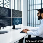 Home 22 AI 최적화에서의 데이터 합성 기법 활용 - A modern AI research laboratory in a Middle Eastern city, featuring diverse scientists of Arabic des...