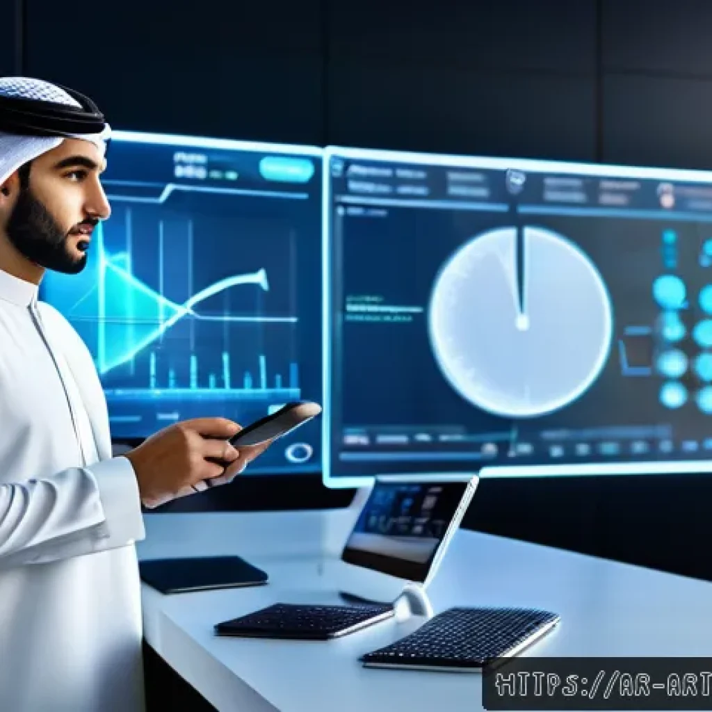 온디바이스 AI의 사용자 맞춤형 최적화 기법 - A detailed, futuristic workspace scene featuring an Arab professional using a smart device with AI-p...