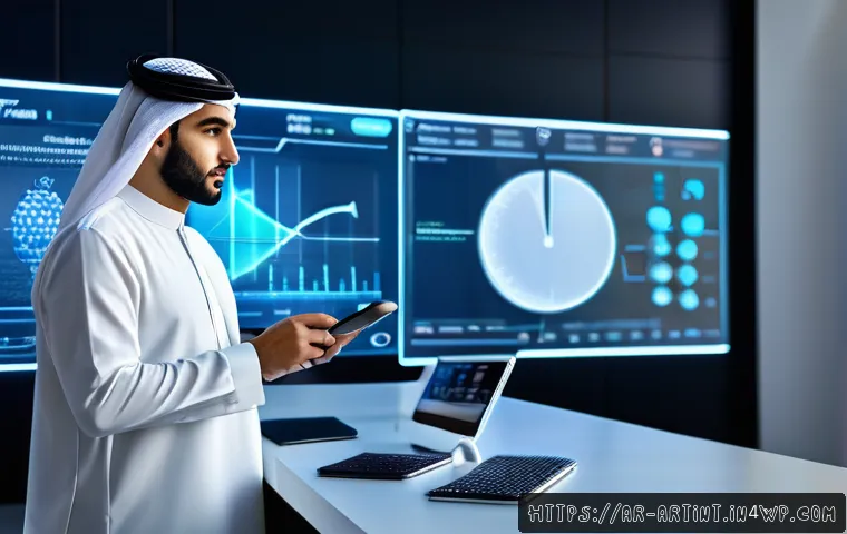 온디바이스 AI의 사용자 맞춤형 최적화 기법 - A detailed, futuristic workspace scene featuring an Arab professional using a smart device with AI-p...