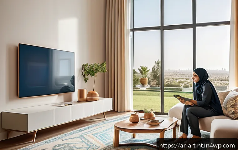 온디바이스 AI의 시장 동향 분석 - A modern Middle Eastern family interacting with smart home devices in a stylish living room decorate...