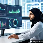 Home 23 온디바이스 AI의 드롭아웃 기법 활용 - A modern tech workspace featuring an Arab data scientist wearing modest professional attire, seated ...