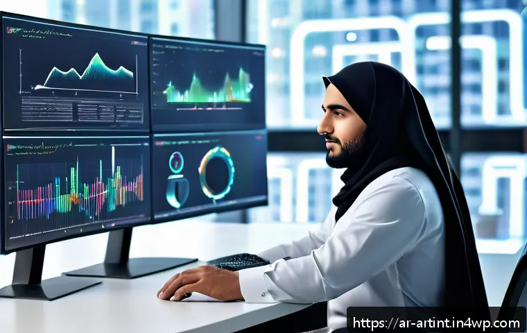 온디바이스 AI의 드롭아웃 기법 활용 - A modern tech workspace featuring an Arab data scientist wearing modest professional attire, seated ...