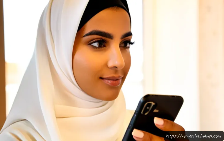 모바일 디바이스에서의 AI 최적화 사례 - Photorealistic close-up of an Arab woman in modest modern clothing using a smartphone with an on-dev...